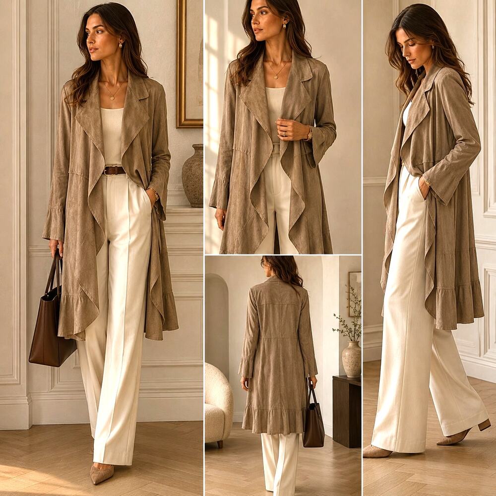 St. John 100% Goat Suede Longline Jacket 12 Neutral Quiet Luxury Old Money Drape